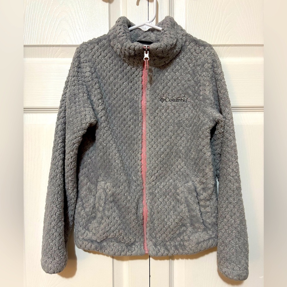 Columbia girls’ fire side sherpa full-zip coat grey/pink size small 7/8
